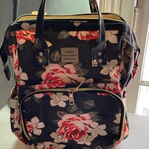 VS NOON Black Floral Backpack with Pink Roses